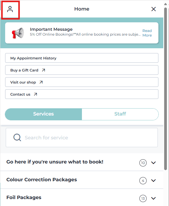 Account page link from the website booking widget